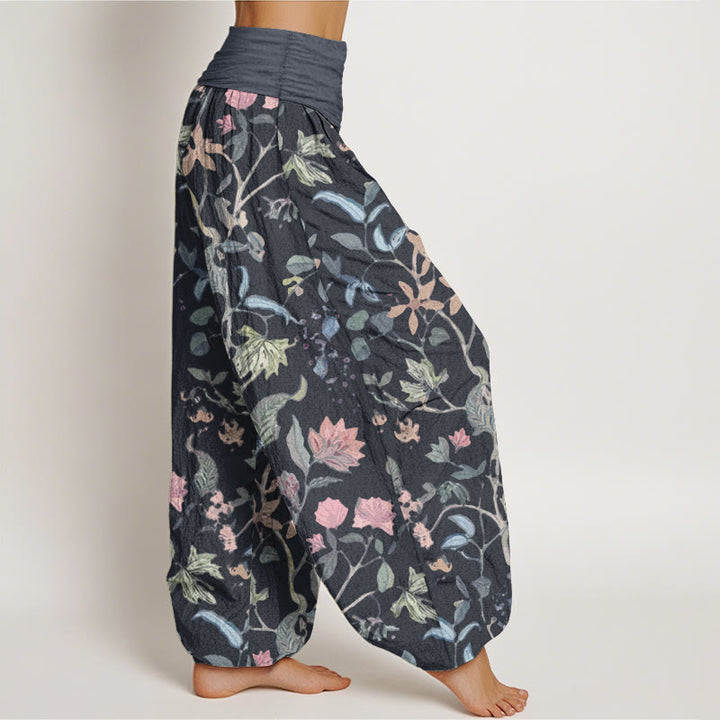 Buddha Stones harén de algodón puro con diseño floral de hojas y enredaderas para mujer, con cintura elástica