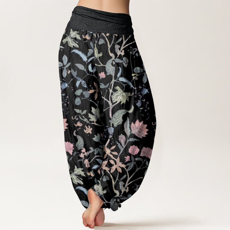 Buddha Stones harén de algodón puro con diseño floral de hojas y enredaderas para mujer, con cintura elástica