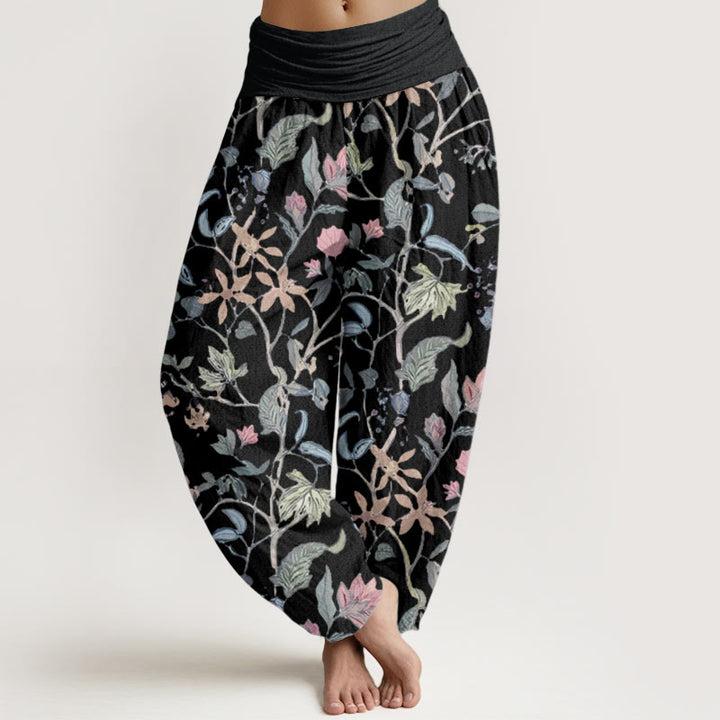 Buddha Stones harén de algodón puro con diseño floral de hojas y enredaderas para mujer, con cintura elástica