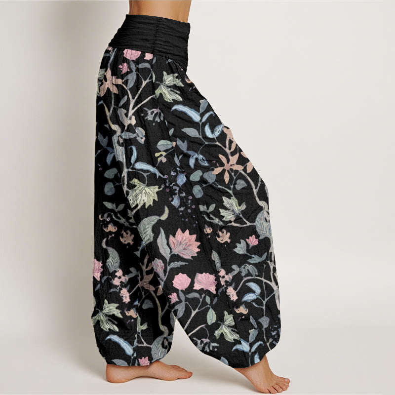 Buddha Stones harén de algodón puro con diseño floral de hojas y enredaderas para mujer, con cintura elástica