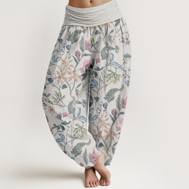 Buddha Stones harén de algodón puro con diseño floral de hojas y enredaderas para mujer, con cintura elástica