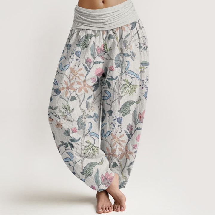 Buddha Stones harén de algodón puro con diseño floral de hojas y enredaderas para mujer, con cintura elástica