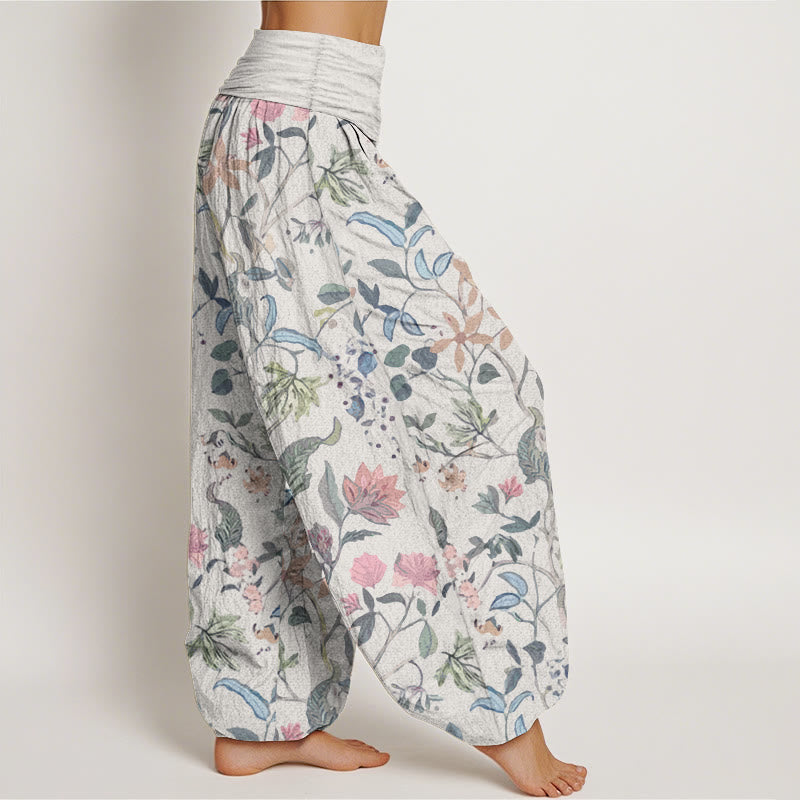 Buddha Stones harén de algodón puro con diseño floral de hojas y enredaderas para mujer, con cintura elástica