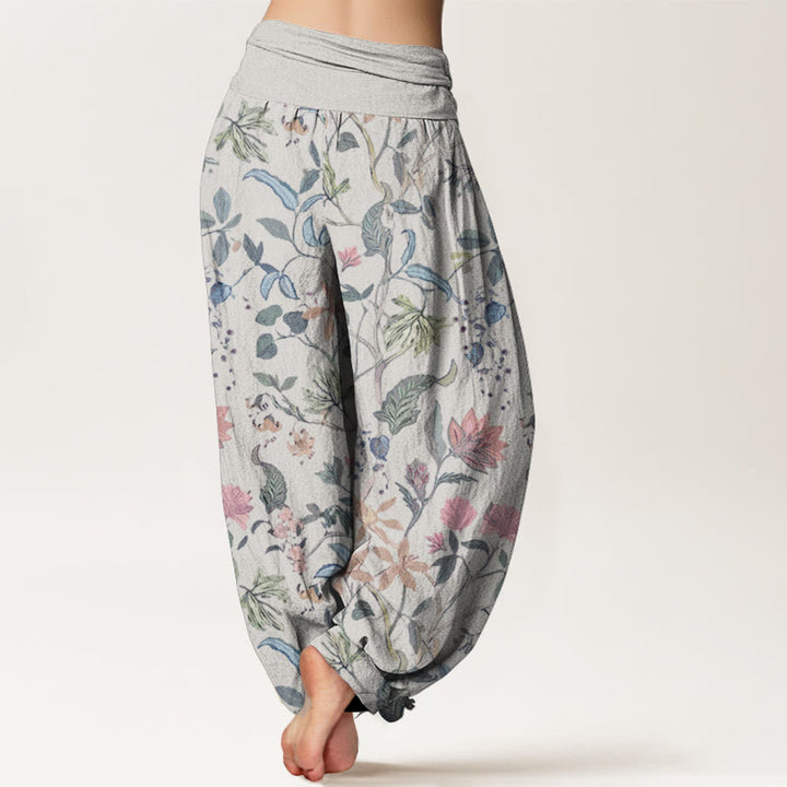 Buddha Stones harén de algodón puro con diseño floral de hojas y enredaderas para mujer, con cintura elástica