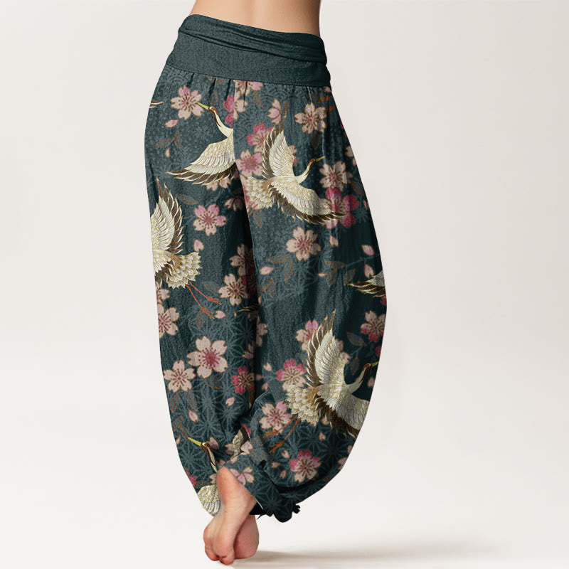 Pantalones harén de algodón puro con estampado de flor de melocotón y grullas de Buddha Stones para mujer con cintura elástica