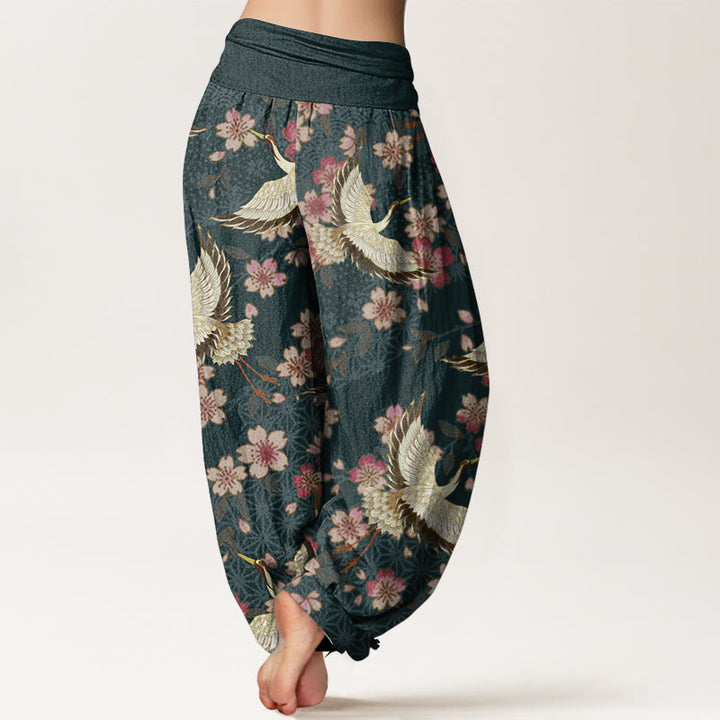 Pantalones harén de algodón puro con estampado de flor de melocotón y grullas de Buddha Stones para mujer con cintura elástica