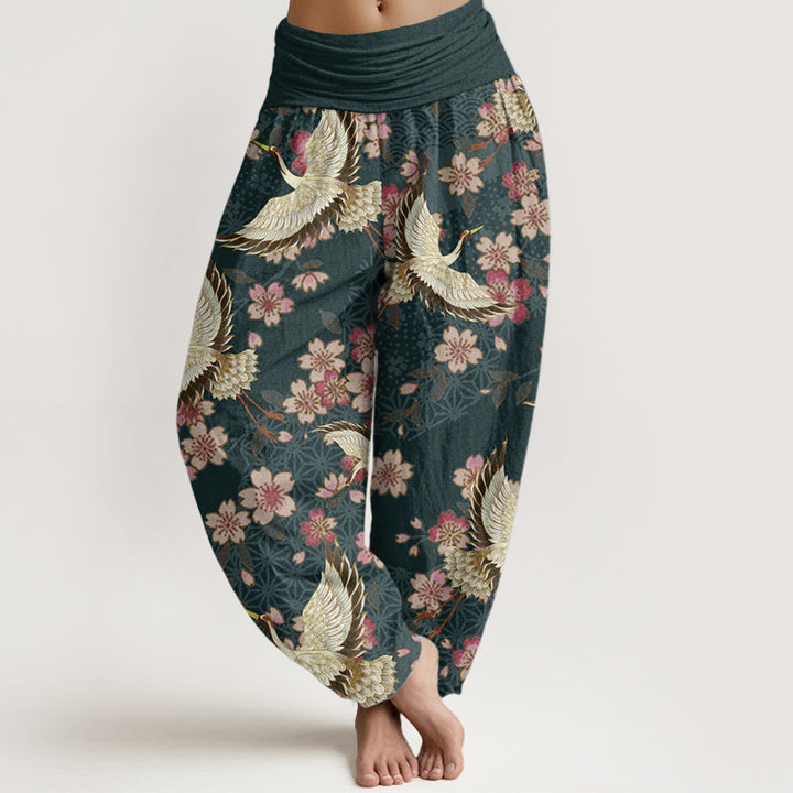 Pantalones harén de algodón puro con estampado de flor de melocotón y grullas de Buddha Stones para mujer con cintura elástica