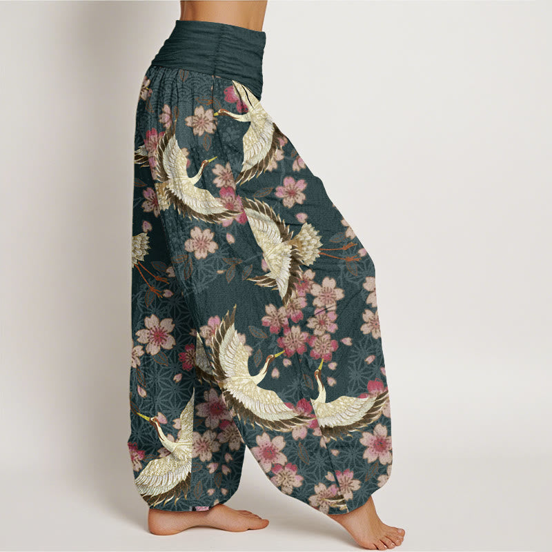 Pantalones harén de algodón puro con estampado de flor de melocotón y grullas de Buddha Stones para mujer con cintura elástica