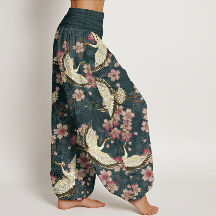 Pantalones harén de algodón puro con estampado de flor de melocotón y grullas de Buddha Stones para mujer con cintura elástica