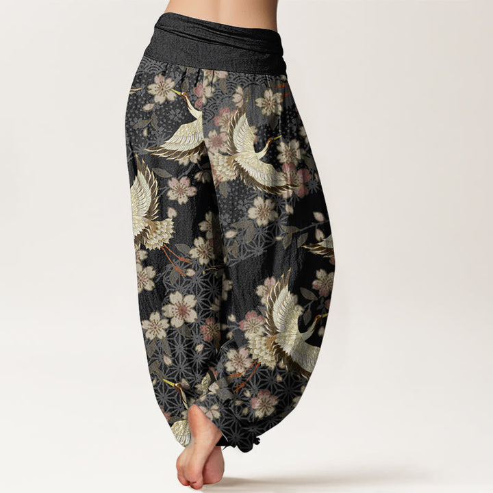 Pantalones harén de algodón puro con estampado de flor de melocotón y grullas de Buddha Stones para mujer con cintura elástica