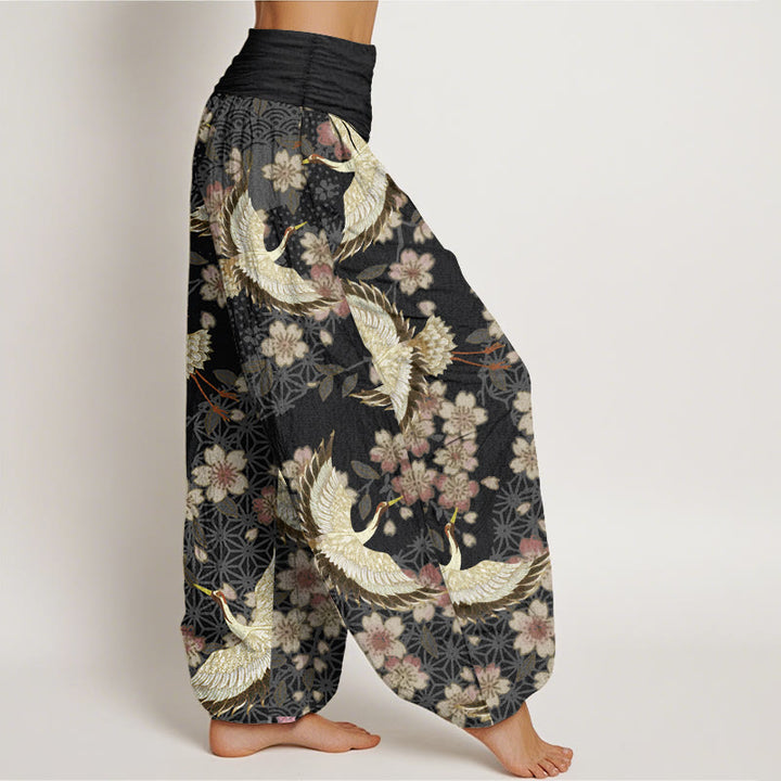 Pantalones harén de algodón puro con estampado de flor de melocotón y grullas de Buddha Stones para mujer con cintura elástica