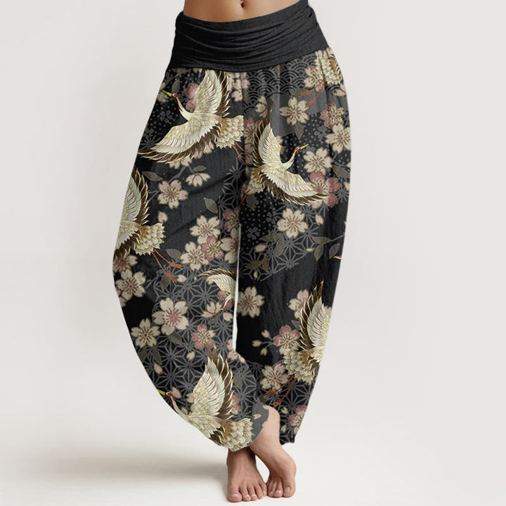 Pantalones harén de algodón puro con estampado de flor de melocotón y grullas de Buddha Stones para mujer con cintura elástica