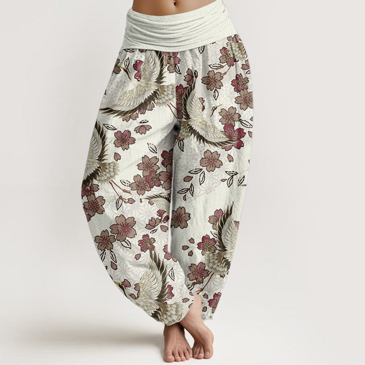 Pantalones harén de algodón puro con estampado de flor de melocotón y grullas de Buddha Stones para mujer con cintura elástica