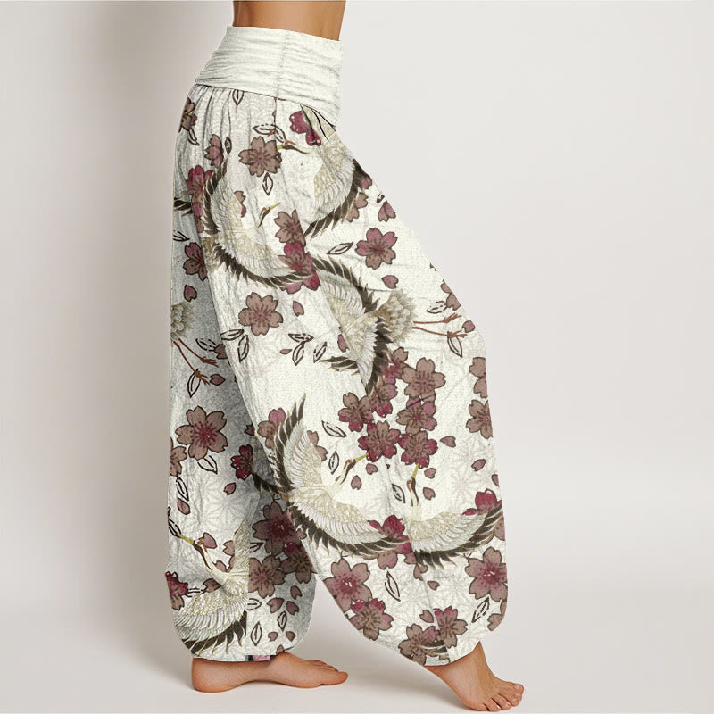 Pantalones harén de algodón puro con estampado de flor de melocotón y grullas de Buddha Stones para mujer con cintura elástica