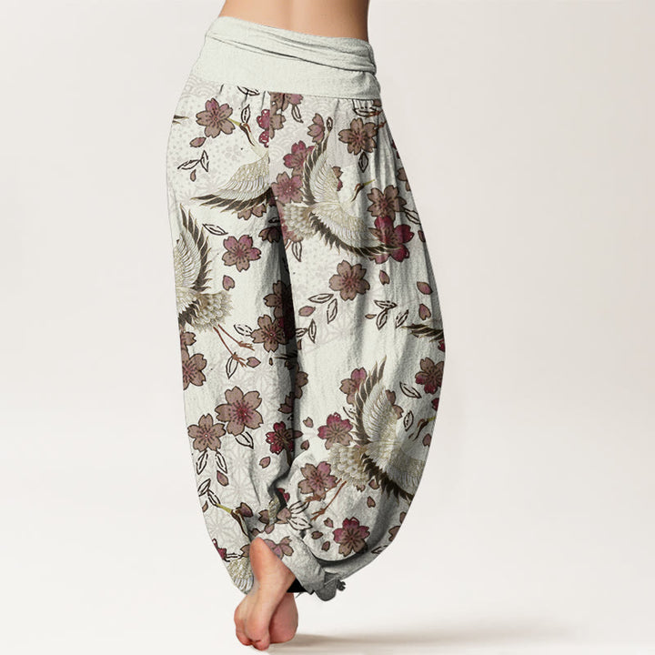 Pantalones harén de algodón puro con estampado de flor de melocotón y grullas de Buddha Stones para mujer con cintura elástica