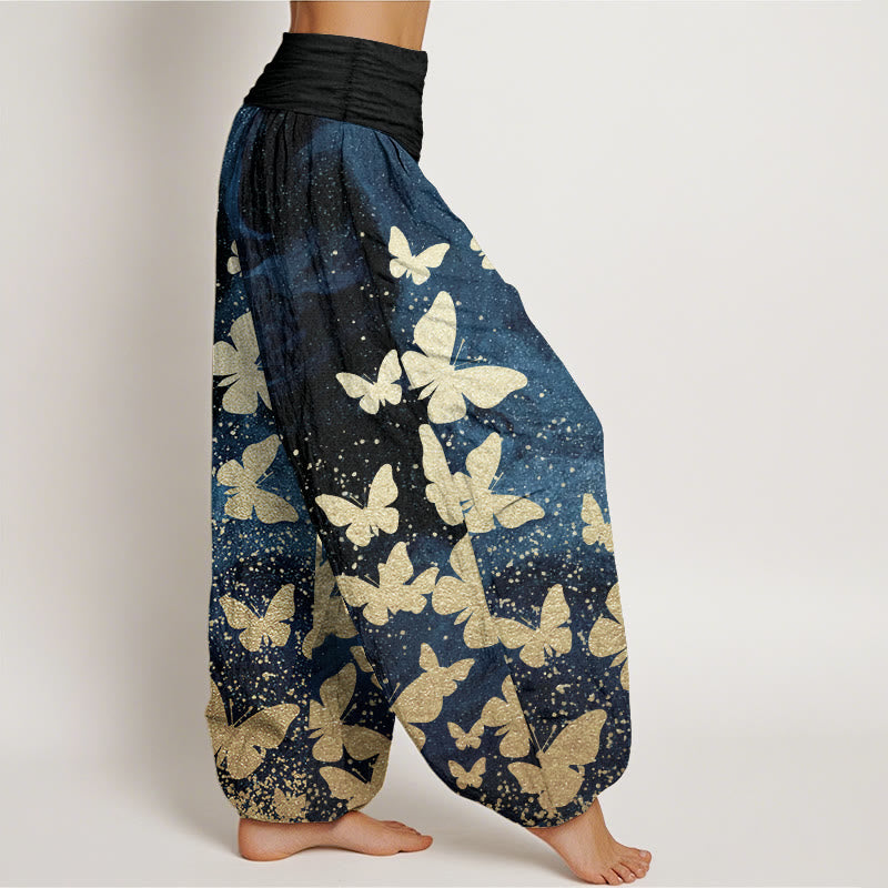 Pantalones Buddha Stones de algodón puro con estampado de mariposas doradas para mujer, informales, con cintura elástica