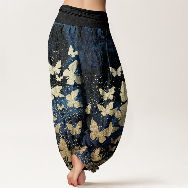 Pantalones Buddha Stones de algodón puro con estampado de mariposas doradas para mujer, informales, con cintura elástica