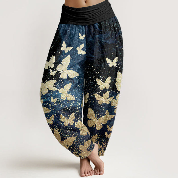 Pantalones Buddha Stones de algodón puro con estampado de mariposas doradas para mujer, informales, con cintura elástica