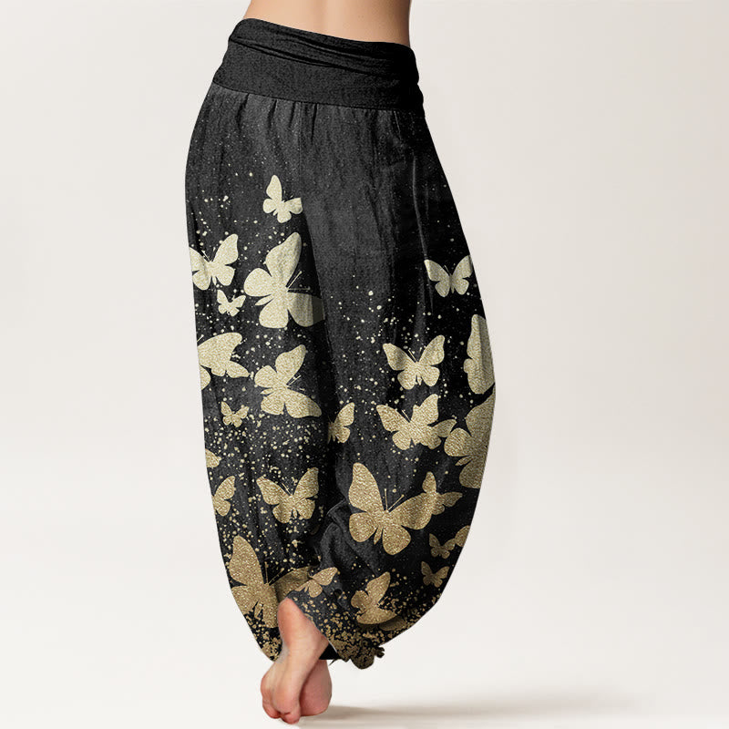 Pantalones Buddha Stones de algodón puro con estampado de mariposas doradas para mujer, informales, con cintura elástica