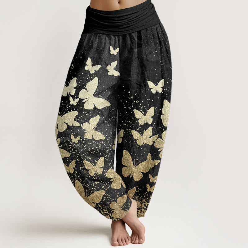 Pantalones Buddha Stones de algodón puro con estampado de mariposas doradas para mujer, informales, con cintura elástica