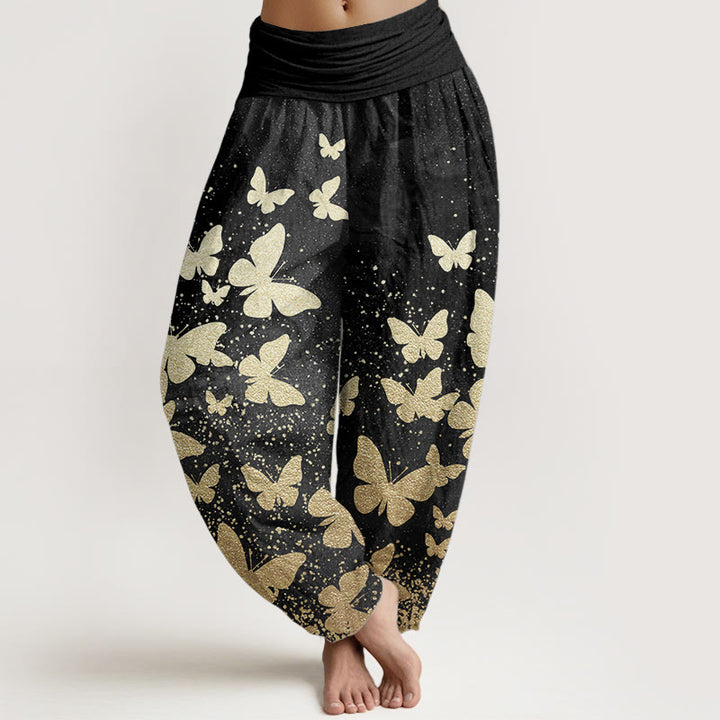 Pantalones Buddha Stones de algodón puro con estampado de mariposas doradas para mujer, informales, con cintura elástica