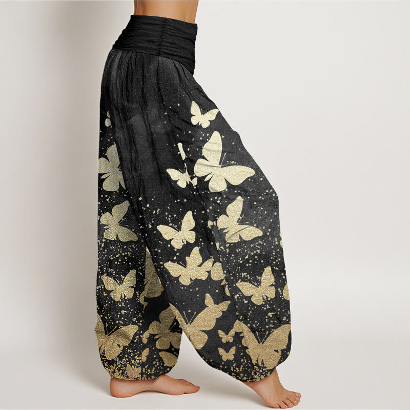 Pantalones Buddha Stones de algodón puro con estampado de mariposas doradas para mujer, informales, con cintura elástica