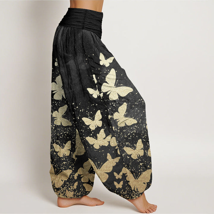 Pantalones Buddha Stones de algodón puro con estampado de mariposas doradas para mujer, informales, con cintura elástica