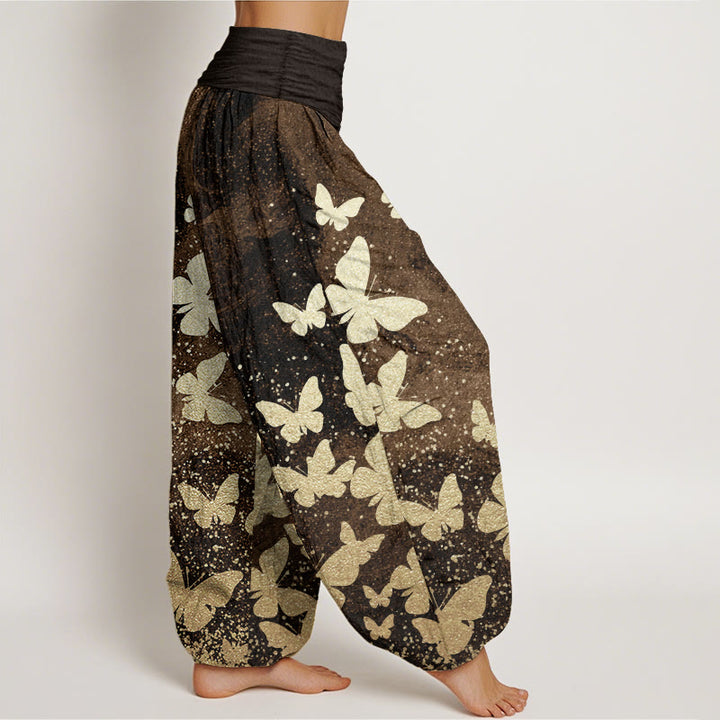 Pantalones Buddha Stones de algodón puro con estampado de mariposas doradas para mujer, informales, con cintura elástica