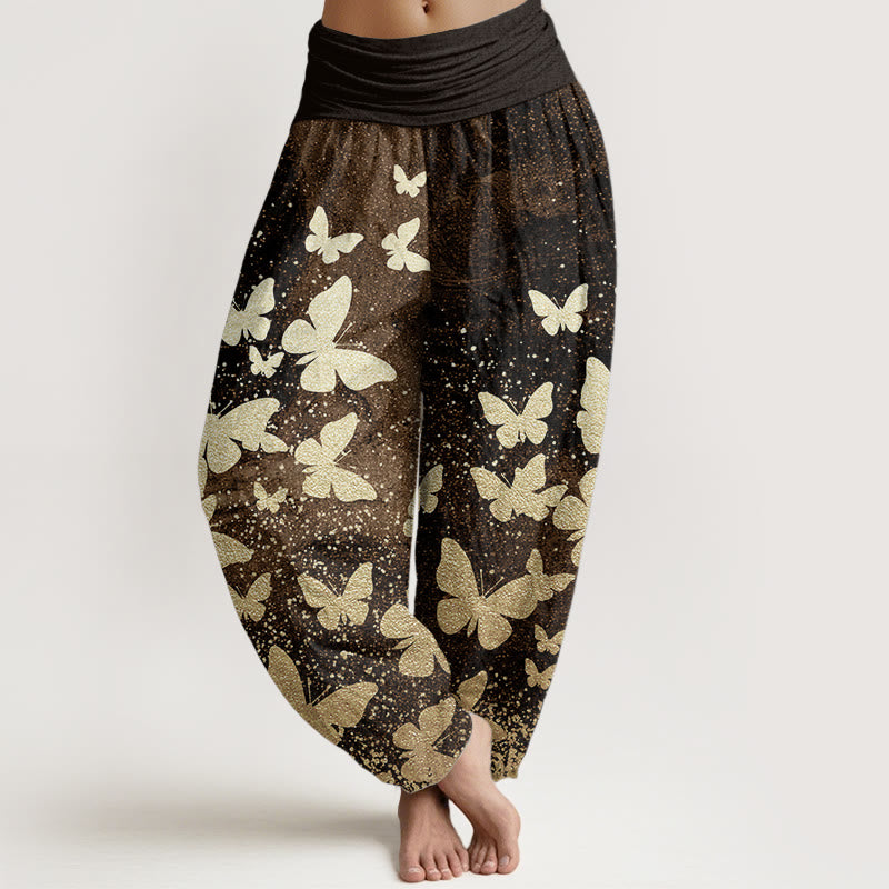 Pantalones Buddha Stones de algodón puro con estampado de mariposas doradas para mujer, informales, con cintura elástica