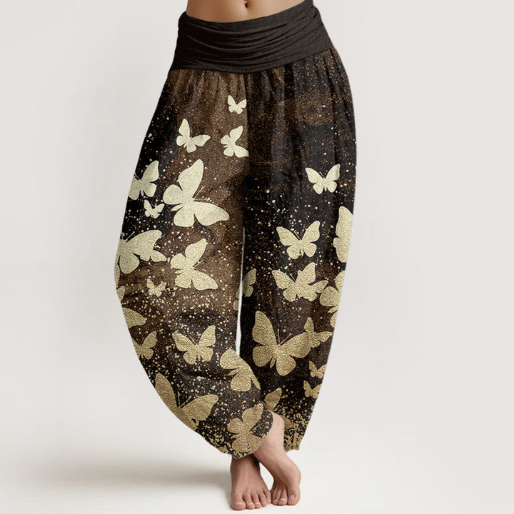 Pantalones Buddha Stones de algodón puro con estampado de mariposas doradas para mujer, informales, con cintura elástica