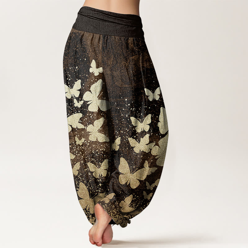 Pantalones Buddha Stones de algodón puro con estampado de mariposas doradas para mujer, informales, con cintura elástica