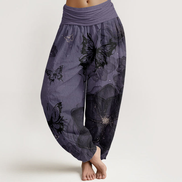 Pantalones Buddha Stones de algodón puro con estampado de flores y mariposas para mujer, con cintura elástica