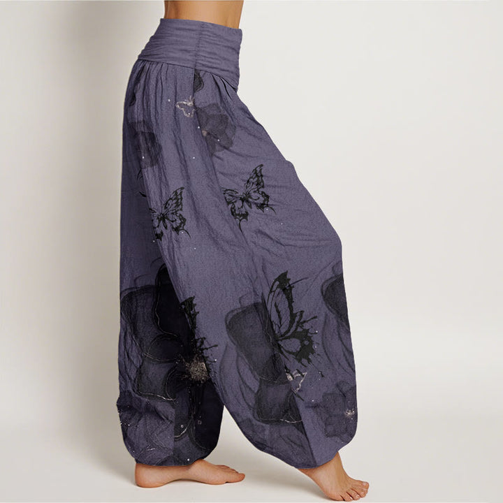 Pantalones Buddha Stones de algodón puro con estampado de flores y mariposas para mujer, con cintura elástica