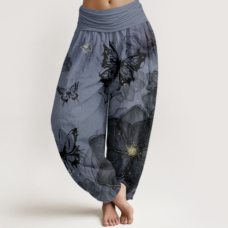 Pantalones Buddha Stones de algodón puro con estampado de flores y mariposas para mujer, con cintura elástica