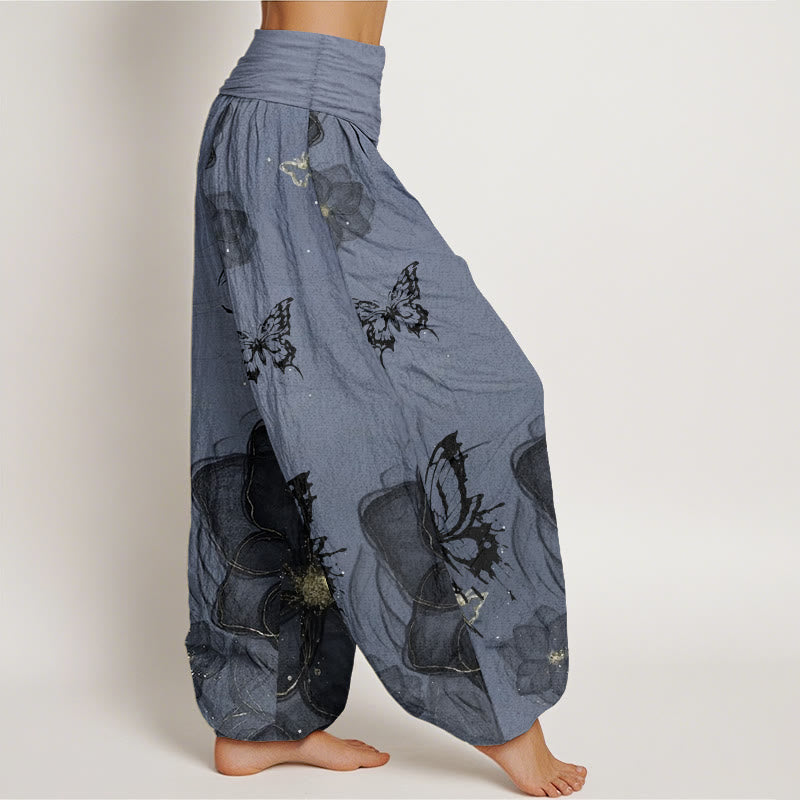 Pantalones Buddha Stones de algodón puro con estampado de flores y mariposas para mujer, con cintura elástica