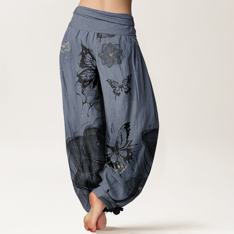 Pantalones Buddha Stones de algodón puro con estampado de flores y mariposas para mujer, con cintura elástica