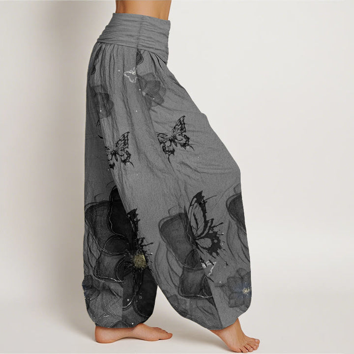 Pantalones Buddha Stones de algodón puro con estampado de flores y mariposas para mujer, con cintura elástica