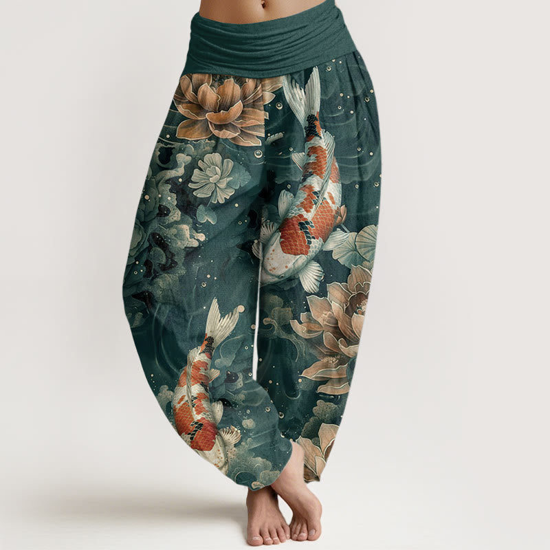 Pantalones harén de algodón puro con diseño de peces koi y flores de loto de Buddha Stones para mujer, cintura elástica - Verde mar claro - US22，UK/AU26，EU54 (6XL) - image 0