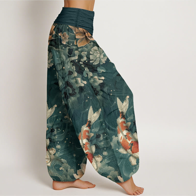 Pantalones harén de algodón puro con diseño de peces koi y flores de loto de Buddha Stones para mujer, cintura elástica