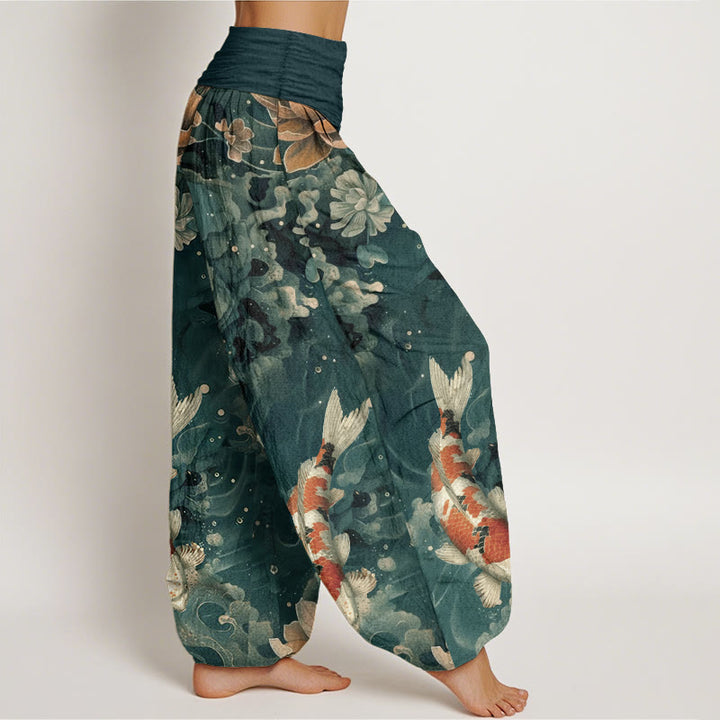 Pantalones harén de algodón puro con diseño de peces koi y flores de loto de Buddha Stones para mujer, cintura elástica