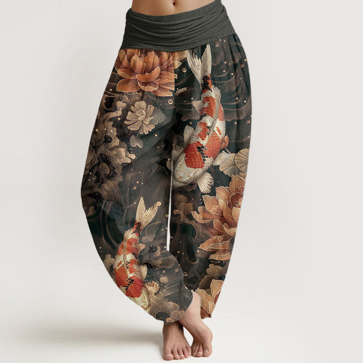 Pantalones harén de algodón puro con diseño de peces koi y flores de loto de Buddha Stones para mujer, cintura elástica - Broncearse - US22，UK/AU26，EU54 (6XL) - image 6