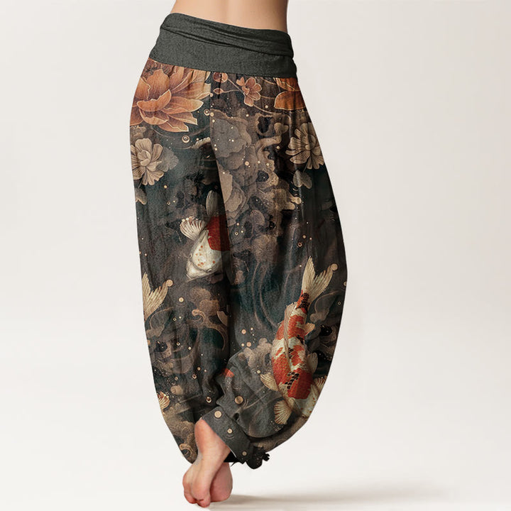 Pantalones harén de algodón puro con diseño de peces koi y flores de loto de Buddha Stones para mujer, cintura elástica - image 7