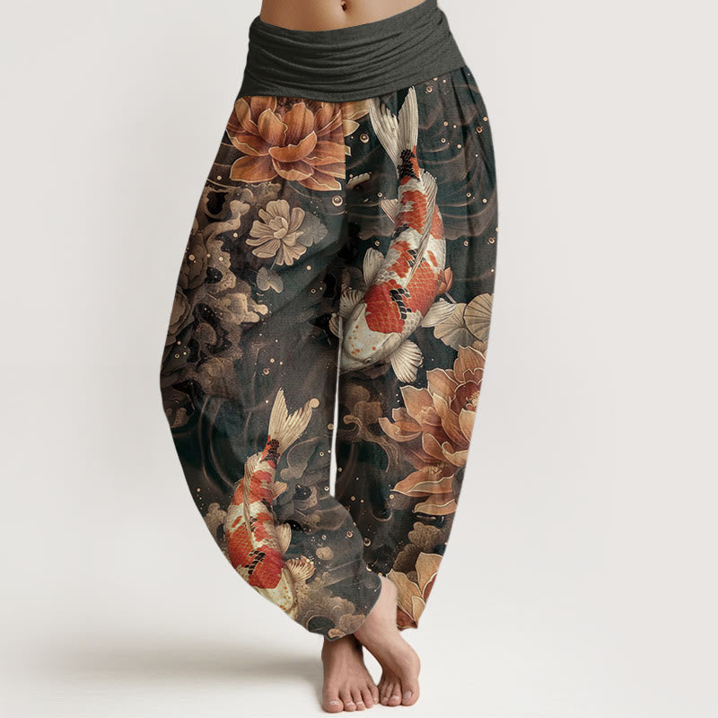 Pantalones harén de algodón puro con diseño de peces koi y flores de loto de Buddha Stones para mujer, cintura elástica - Broncearse - US22，UK/AU26，EU54 (6XL) - image 6