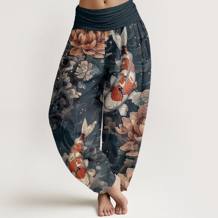 Pantalones harén de algodón puro con diseño de peces koi y flores de loto de Buddha Stones para mujer, cintura elástica - Azul acero - US22，UK/AU26，EU54 (6XL) - image 9