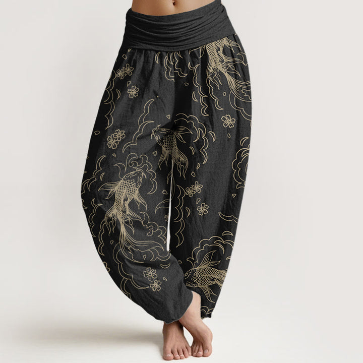 Pantalones Buddha Stones de algodón puro con estampado de peces koi y pétalos para mujer, informales, con cintura elástica - Negro - US22，UK/AU26，EU54 (6XL) - image 0
