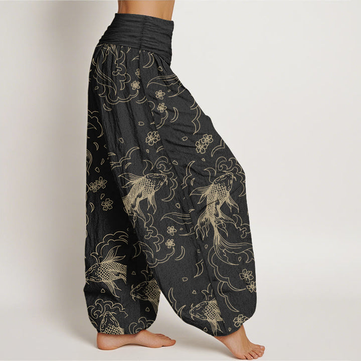 Pantalones Buddha Stones de algodón puro con estampado de peces koi y pétalos para mujer, informales, con cintura elástica