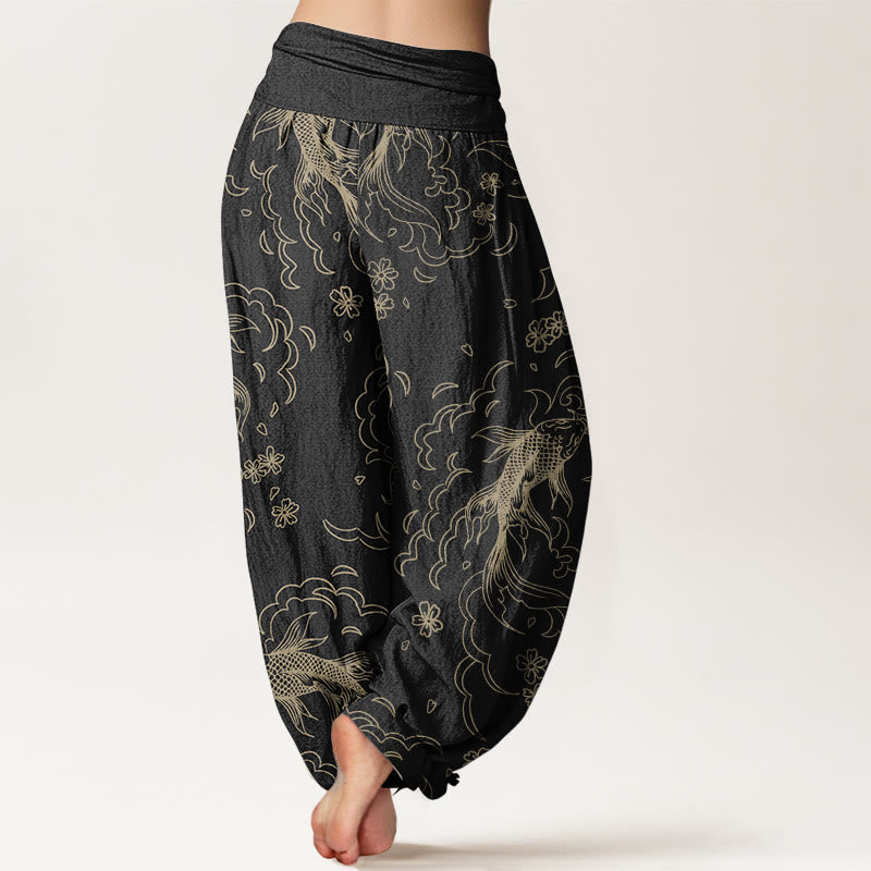 Pantalones Buddha Stones de algodón puro con estampado de peces koi y pétalos para mujer, informales, con cintura elástica
