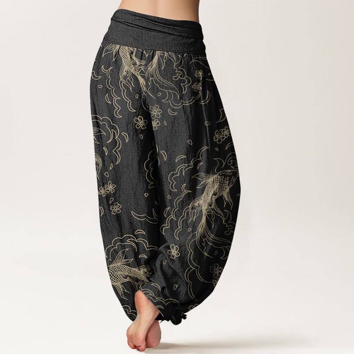Pantalones Buddha Stones de algodón puro con estampado de peces koi y pétalos para mujer, informales, con cintura elástica