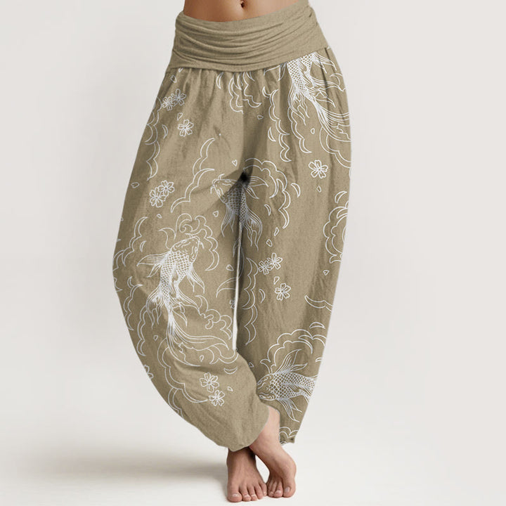 Pantalones Buddha Stones de algodón puro con estampado de peces koi y pétalos para mujer, informales, con cintura elástica