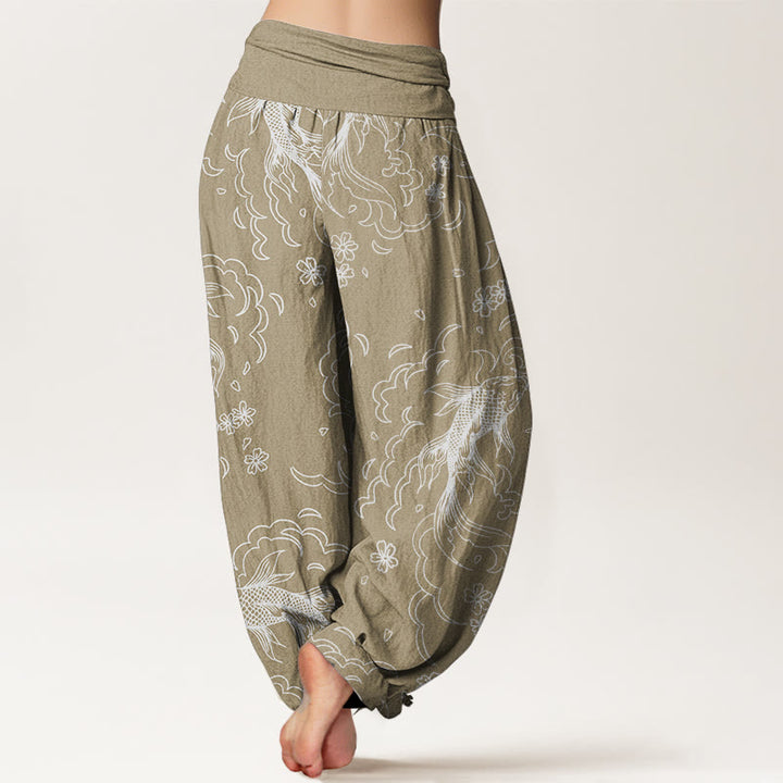 Pantalones Buddha Stones de algodón puro con estampado de peces koi y pétalos para mujer, informales, con cintura elástica